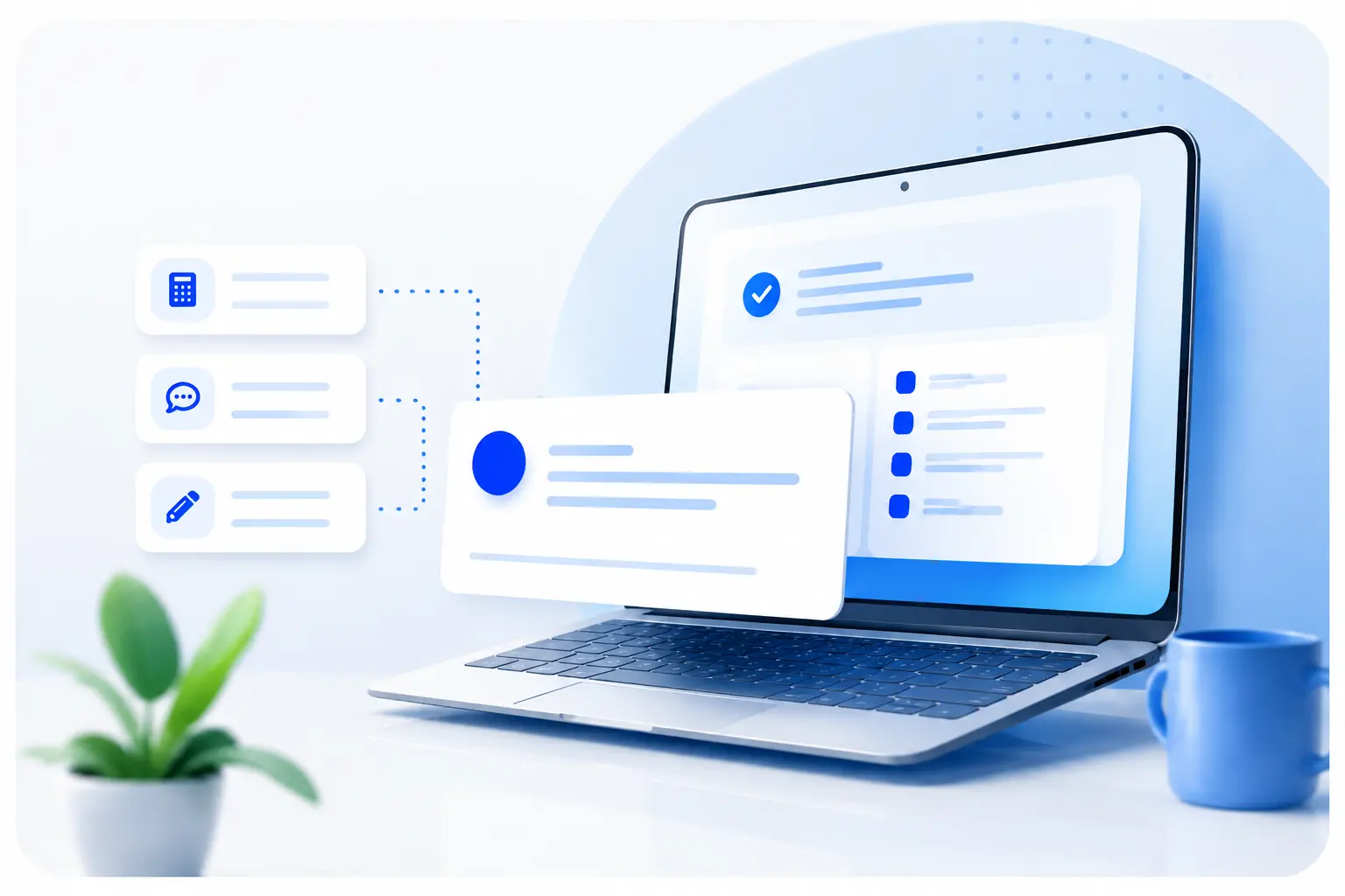 Modern blue and white 3D illustration showing a laptop with a digital interface, floating UI cards, checklist elements, and support-related forms on a clean workspace background with soft gradients and a minimal plant and