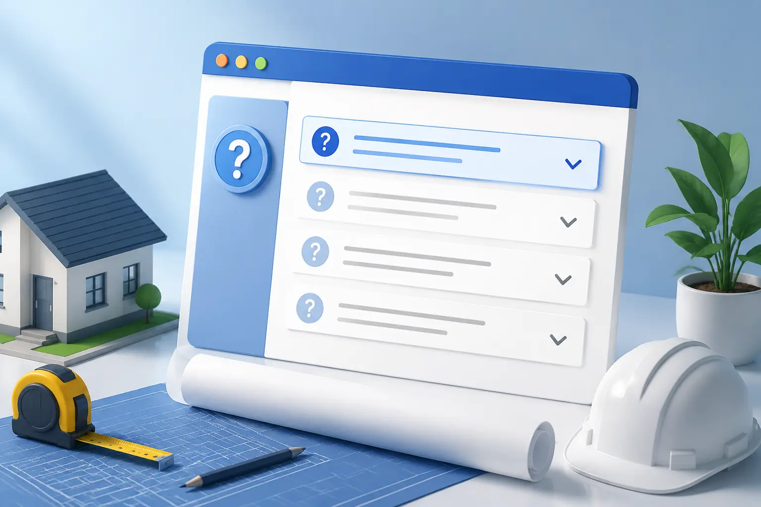 Modern 3D illustration of a frequently asked questions interface with accordion sections displayed on a browser window, surrounded by a house model, blueprint, measuring tape, hard hat, and plant, representing home improvement support and project guidance.
