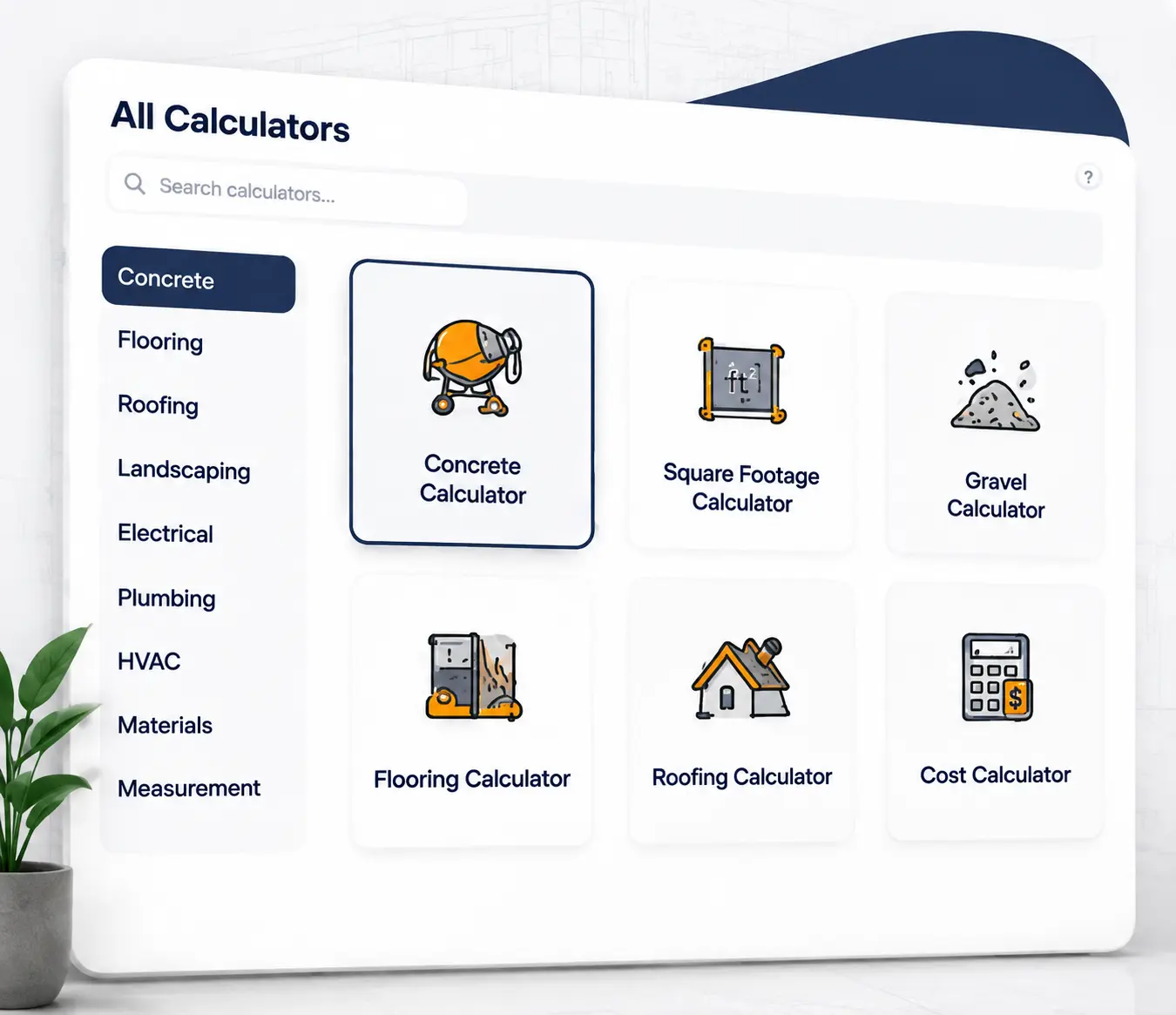 Choose your calculator interface showing a construction calculator dashboard with concrete, flooring, roofing, gravel, and cost calculator options for selecting the right tool for home improvement and building pro