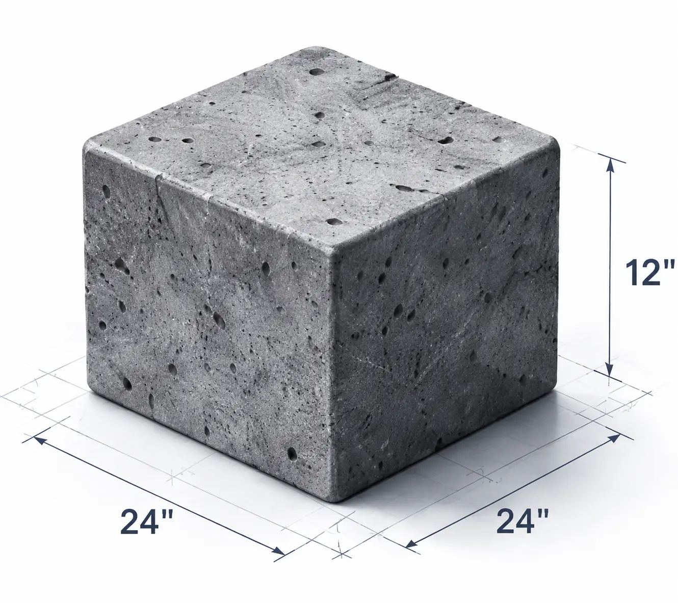 Concrete calculator showing a 3D concrete cube measurement with 24-inch dimensions for calculating concrete volume and material requirements