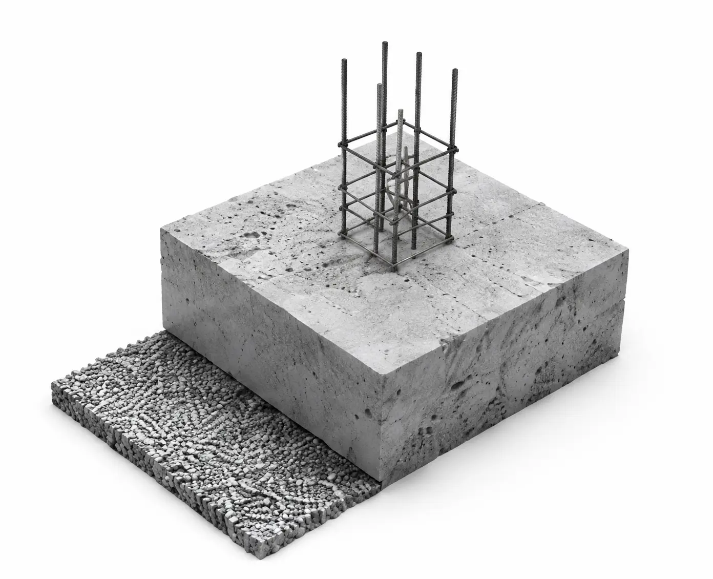 Concrete calculators image showing a 3D concrete foundation slab with rebar reinforcement and gravel base for estimating concrete volume, materials, and construction requirements