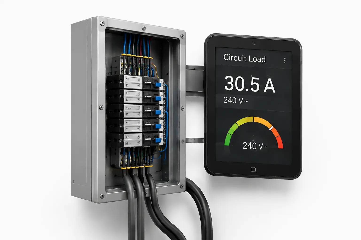 Electrical calculators image showing a circuit breaker panel with wiring and a digital load monitoring display for calculating electrical capacity, voltage, and power requirements