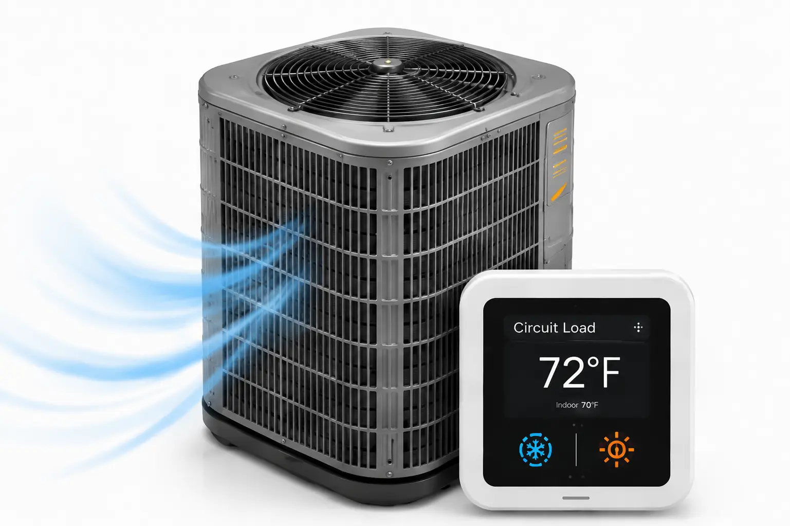 HVAC calculators image showing an air conditioning condenser unit with smart thermostat and airflow visualization for estimating heating, cooling, and HVAC project requirements