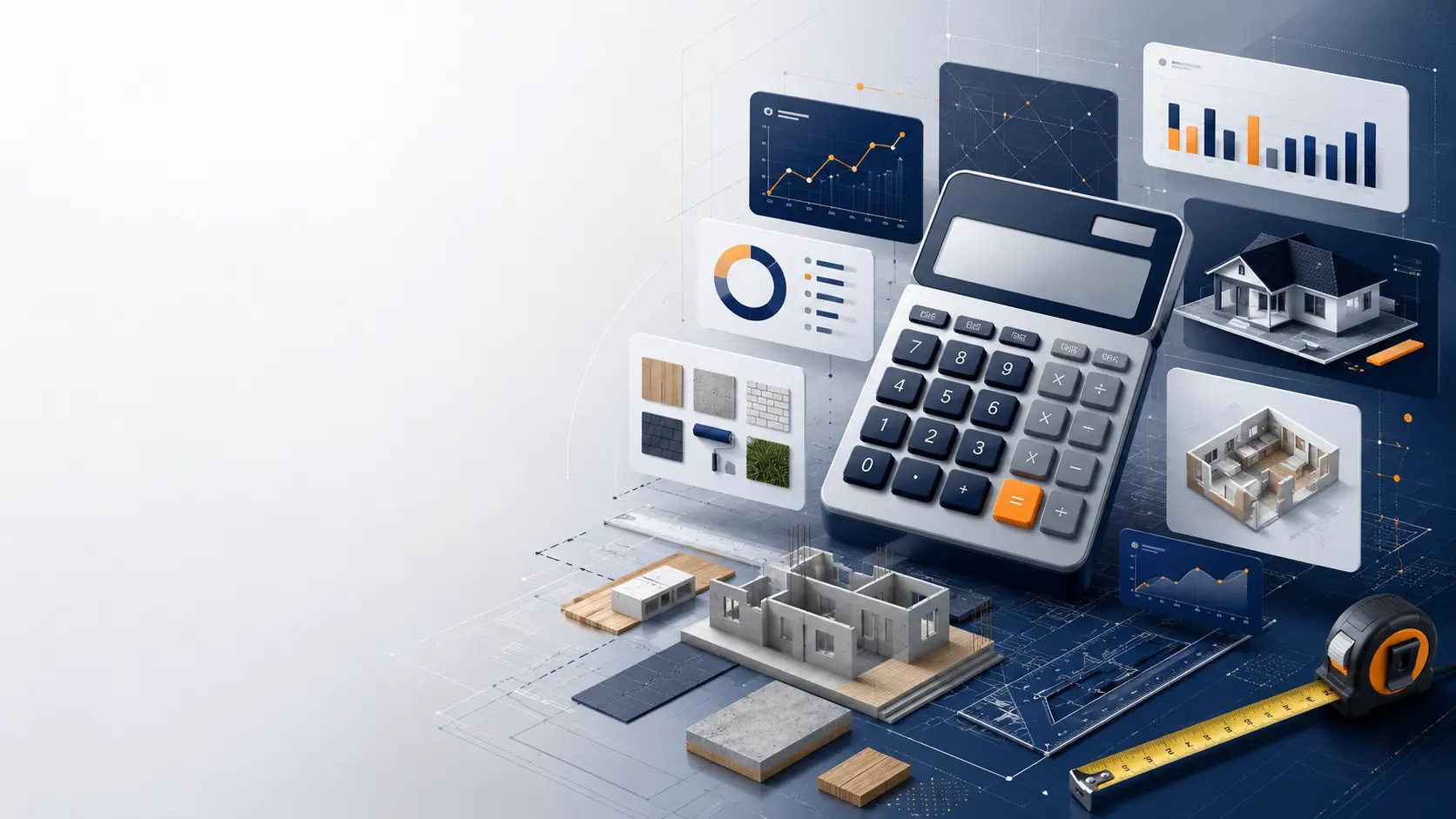 Home Improvement and Construction Calculators interface featuring a 3D calculator, construction blueprint, material samples, measurement tools, project cost charts, and digital planning dashboards for accurate home improvement estimates.