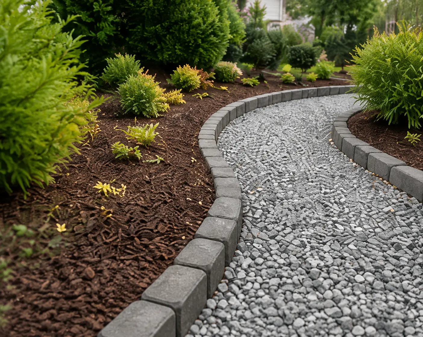 Landscaping a yard image showing a gravel pathway with stone borders, mulch beds, and garden plants for estimating outdoor materials, gravel quantities, and landscaping project requirements with a landscaping calc