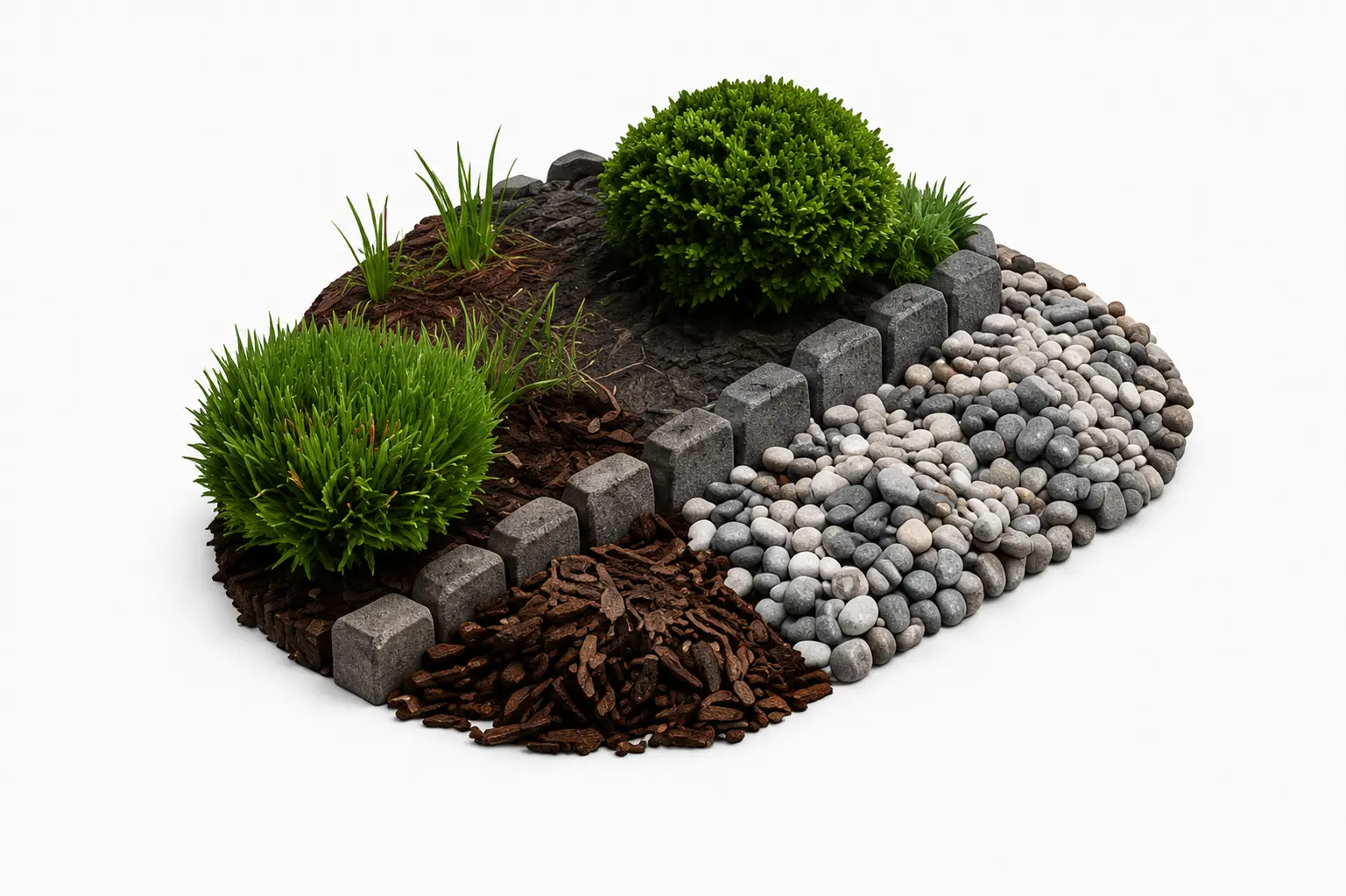 Landscaping calculators image showing a garden landscape design with plants, mulch, gravel, and stone borders for estimating outdoor materials, yard improvements, and landscaping project requirements