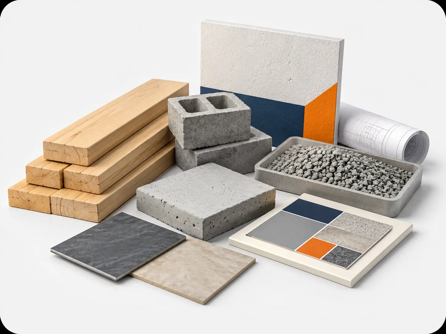 Material Guides featuring concrete, gravel, lumber, flooring samples, and construction materials for accurate home improvement project planning