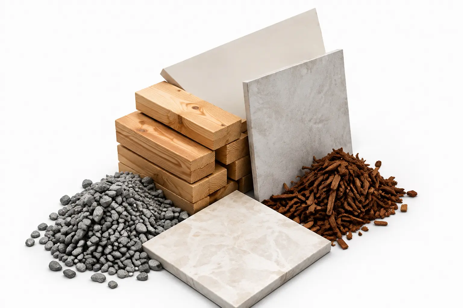 Material calculators image showing construction materials including gravel, lumber, tiles, drywall panels, and mulch for estimating material quantities and project requirements