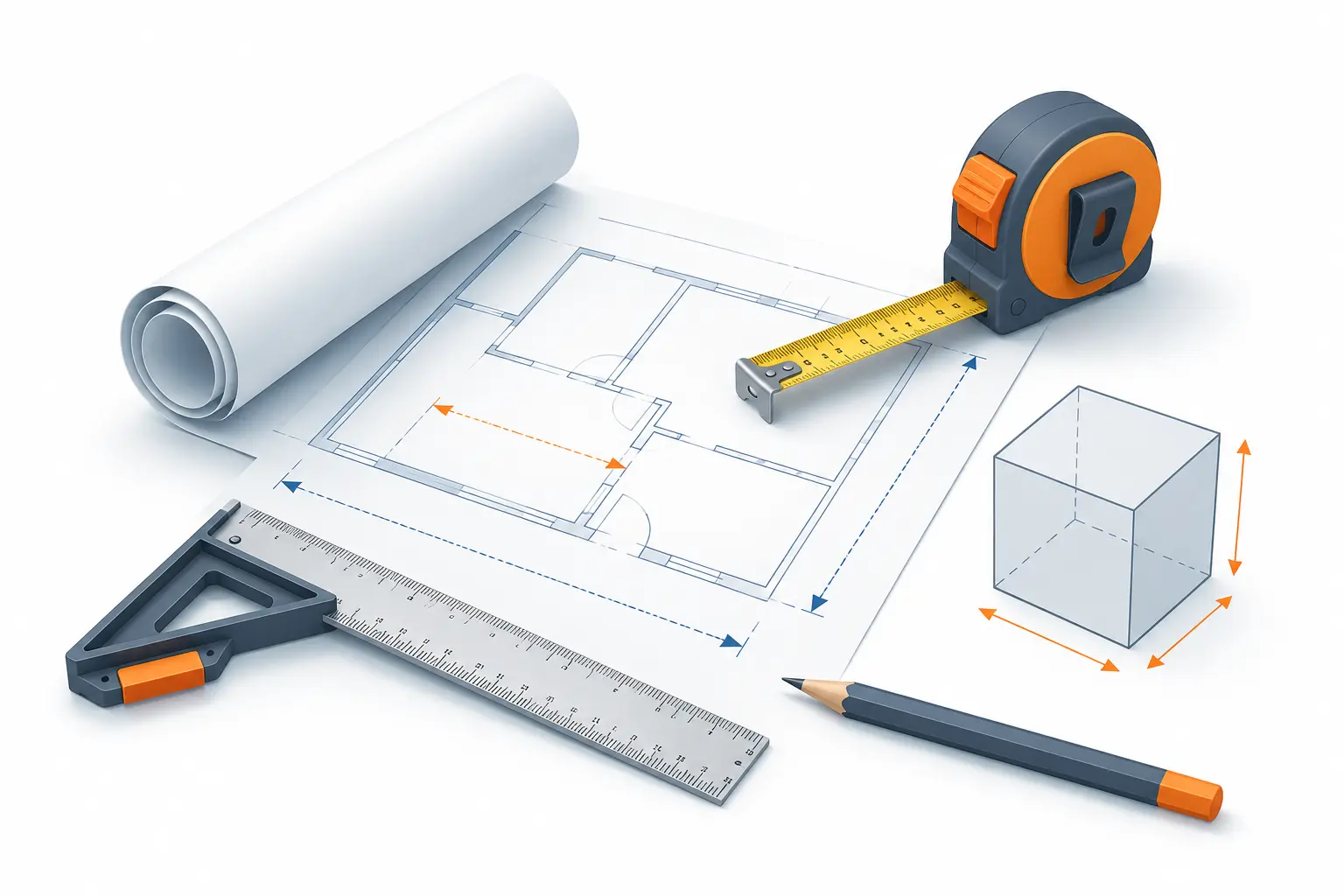 Measurement Guides with blueprint, tape measure, ruler, and construction tools for accurate area, volume, and length calculations