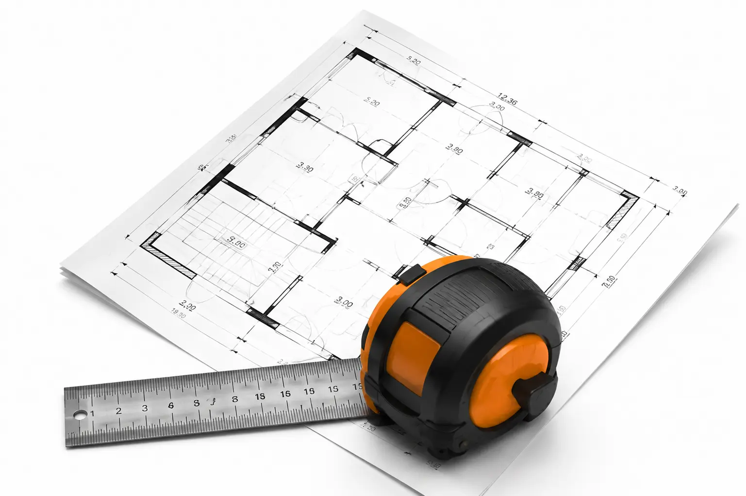 Measurement calculators image showing an architectural floor plan with ruler and tape measure for calculating area, length, dimensions, and square footage measurements