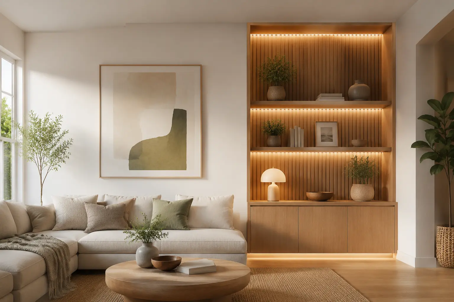 Modern cozy living room interior with a beige sofa, wooden shelving, warm lighting, and elegant home décor, creating an inviting space for a home improvement contact section.