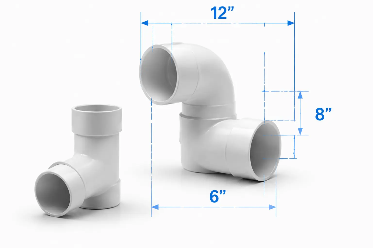 Plumbing calculators image showing PVC pipe fittings with measurement dimensions for calculating pipe sizes, lengths, and plumbing project requirements
