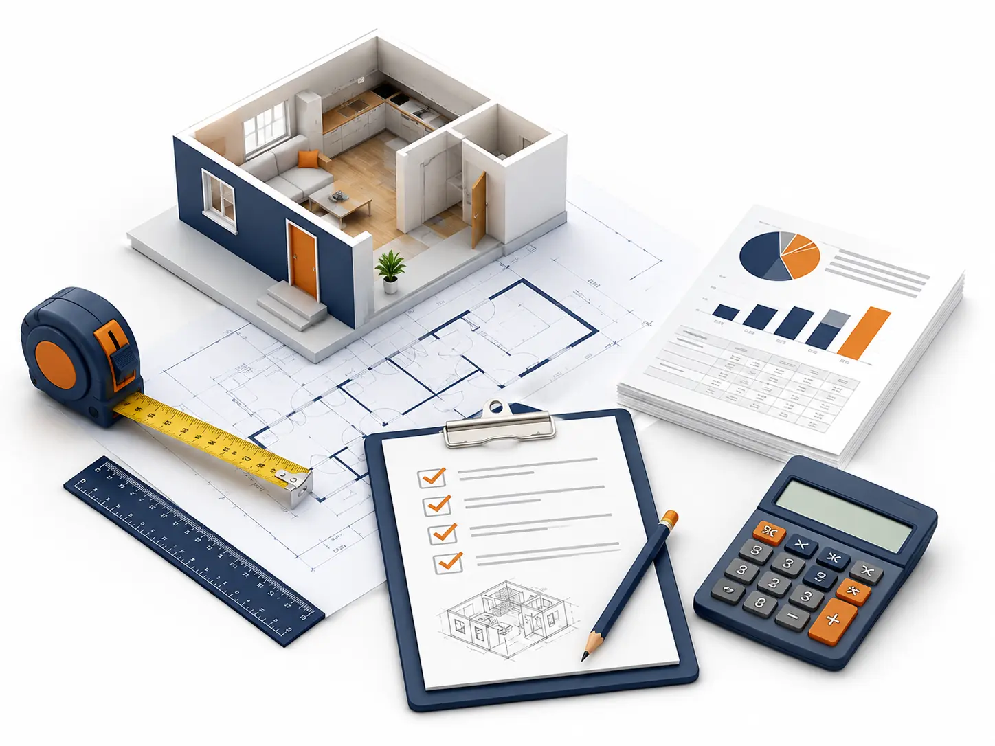 Project Planning Guides illustration showing construction blueprints, home design model, calculator, checklist, and measurement tools for accurate home improvement project planning