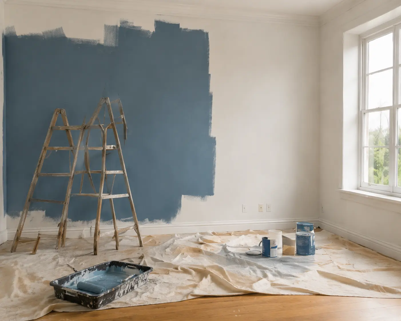 Renovating a room image showing a freshly painted interior with a ladder, paint supplies, and drop cloth for planning paint, drywall, and flooring projects with a home renovation calculator
