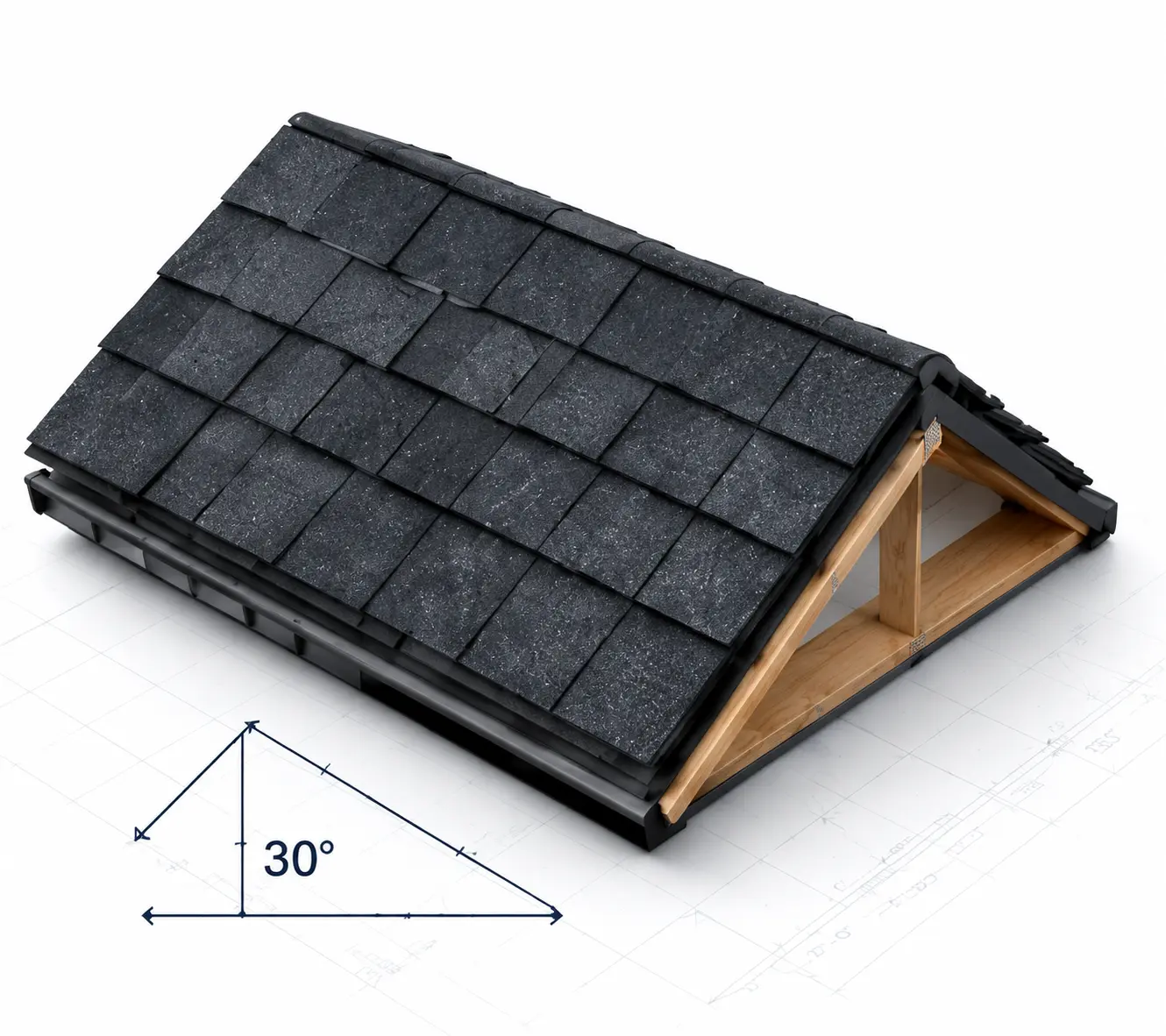 Roofing calculator image showing a 3D roof structure with shingles, roof pitch measurement, and architectural layout for estimating roof area and material requirements