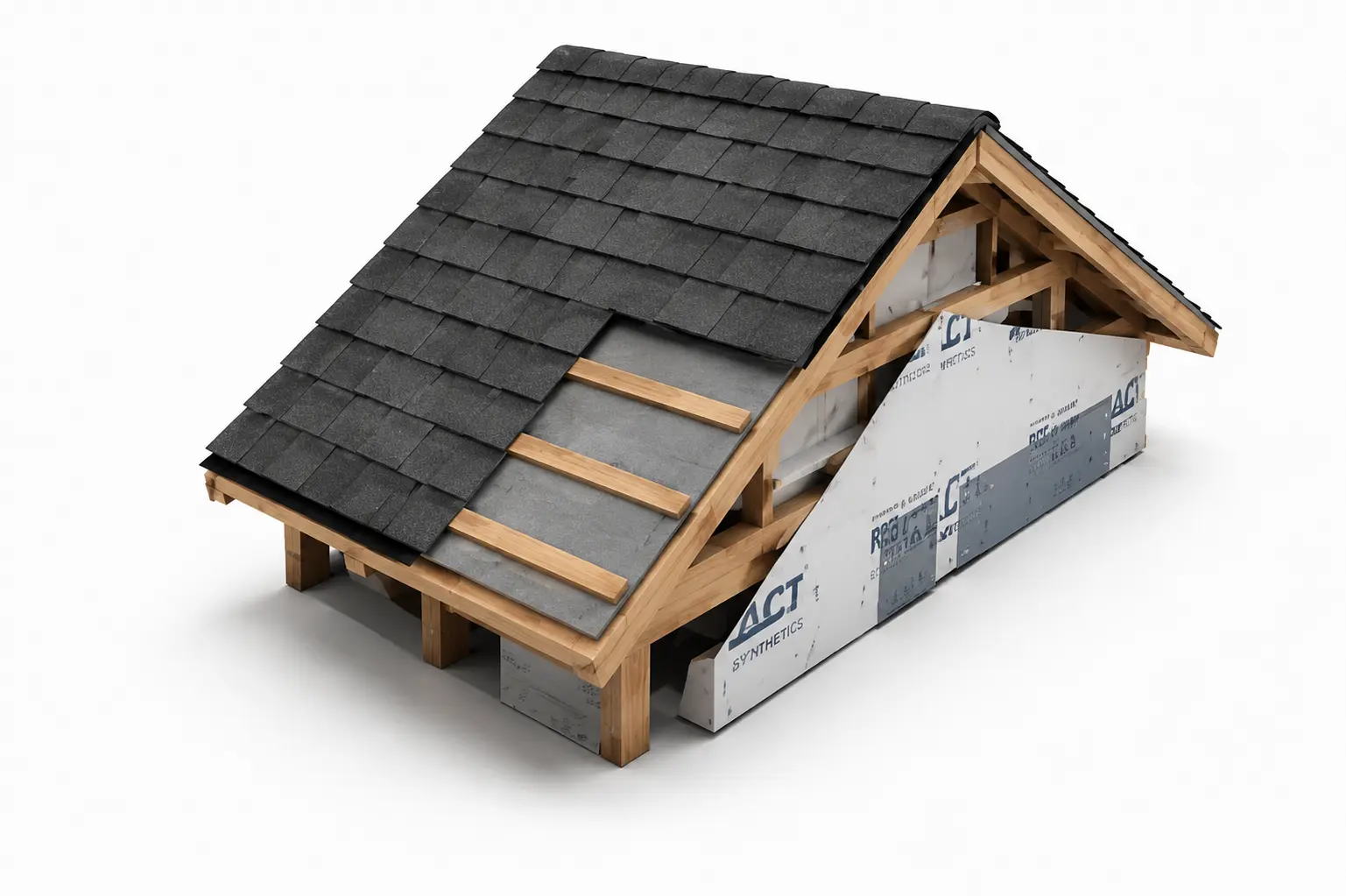 Roofing calculators image showing a 3D roof structure with shingles, rafters, and roofing layers for estimating roof area, materials, and construction requirements