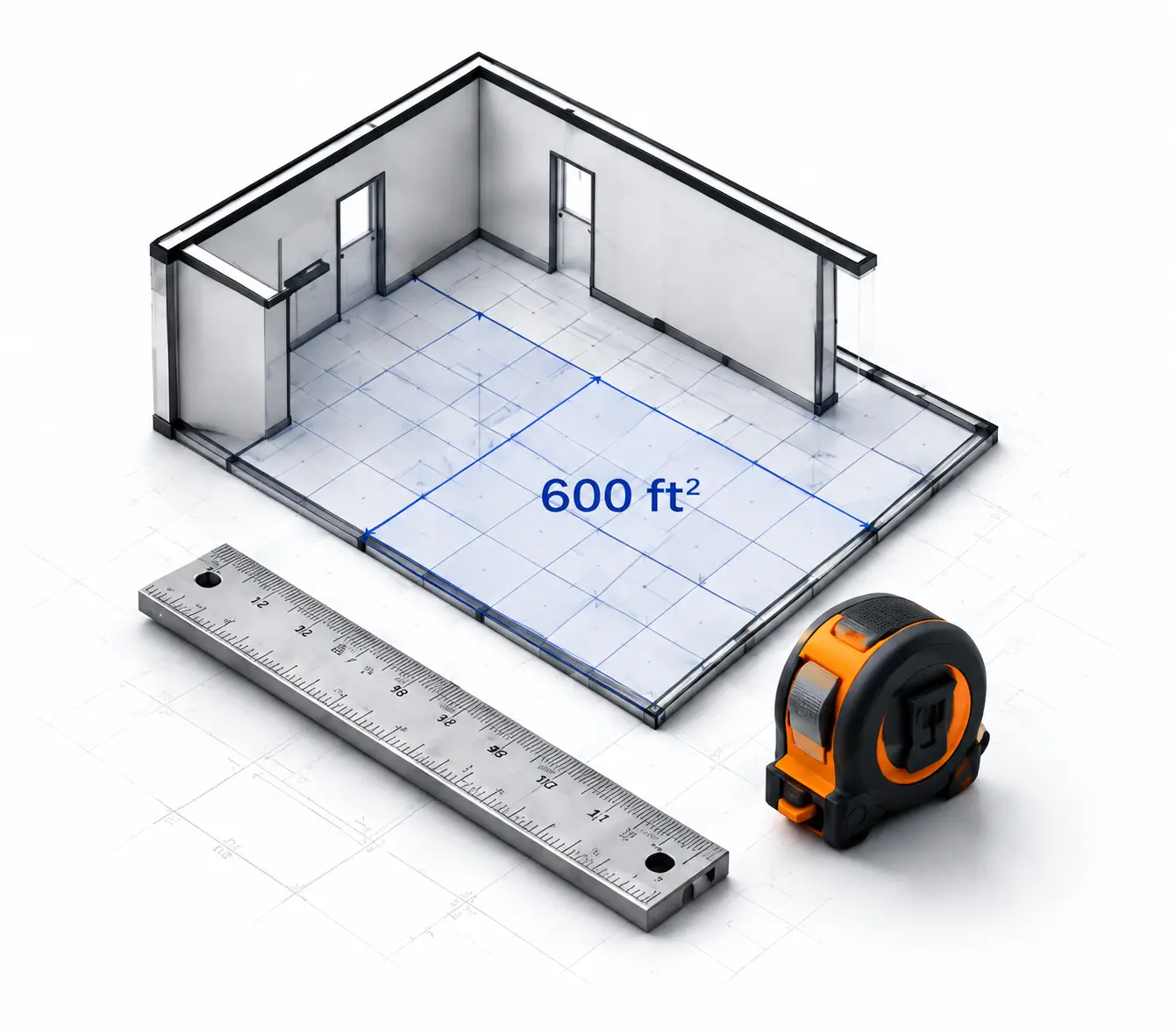 Square footage calculator showing a measured room layout with 600 ft² area markings, ruler, and tape measure for accurate space measurement calculations